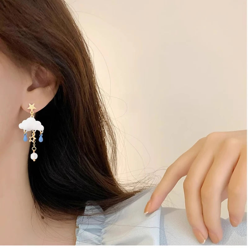 Suitable for Summer Small Fresh Cute White Clouds Ear Clips Earrings Women's Pearl Tassel Clip on Earrings Without Ear Piercings