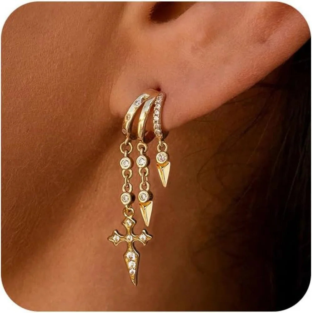 18K gold plated earrings with tassel and zircon C-shaped earrings for women, made of brass, hypoallergenic