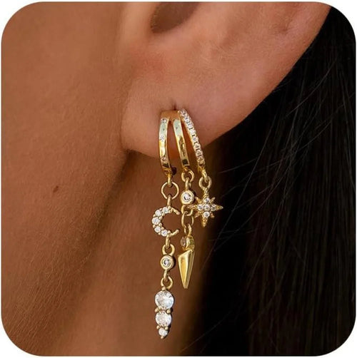 18K gold plated earrings with tassel and zircon C-shaped earrings for women, made of brass, hypoallergenic
