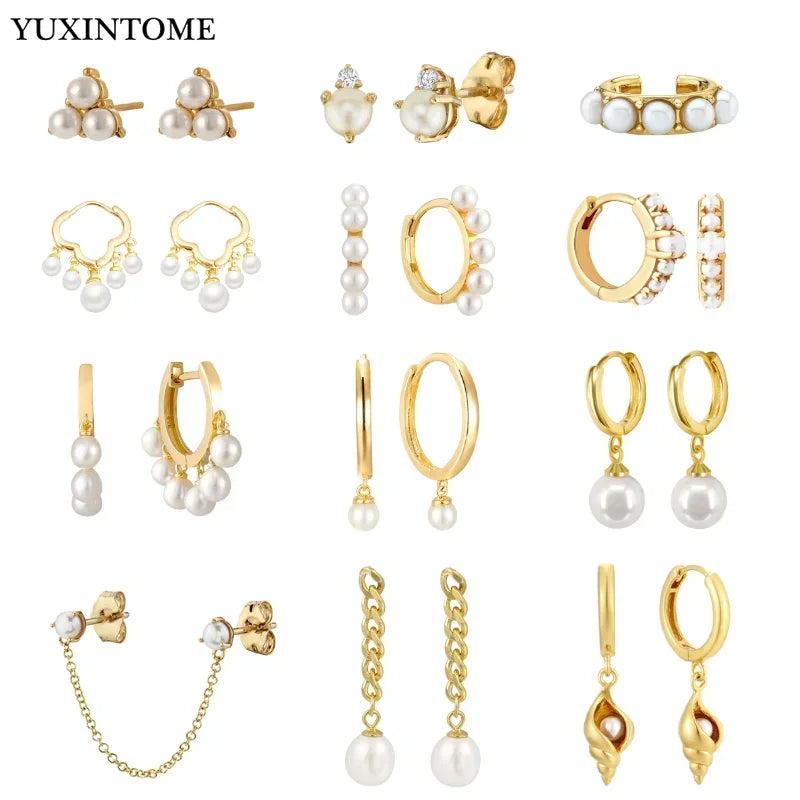 925 sterling silver ear Needle metal Hoop Pearl Pendant gold earrings For Women Shell Summer Vacation Style Fashion Jewelry gift