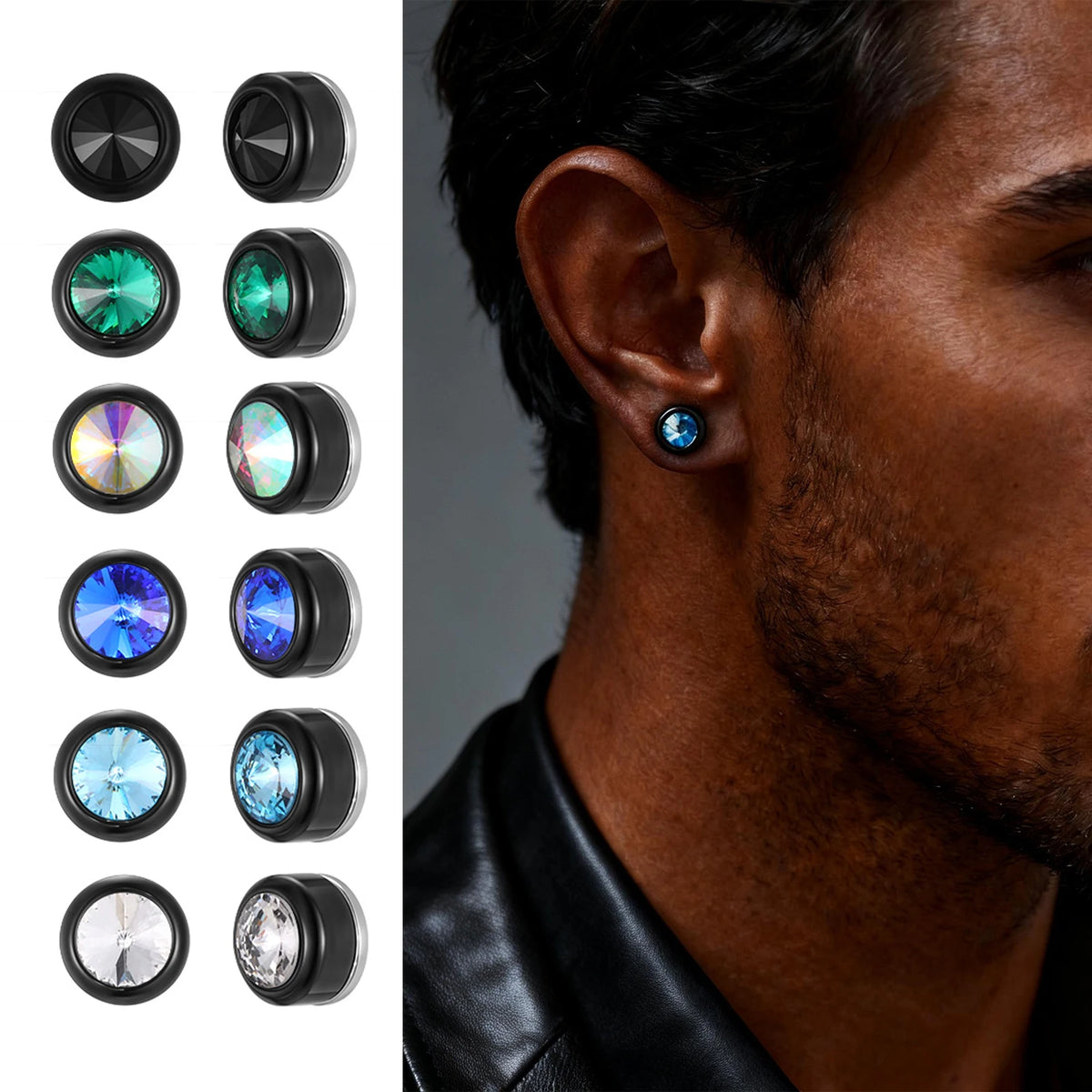 Magnetic Zircon Stud Earrings for Men,8mm Hypoallergenic Stainless Steel Non-Pierced Clip Earrings,Punk Rock Jewelry Gift