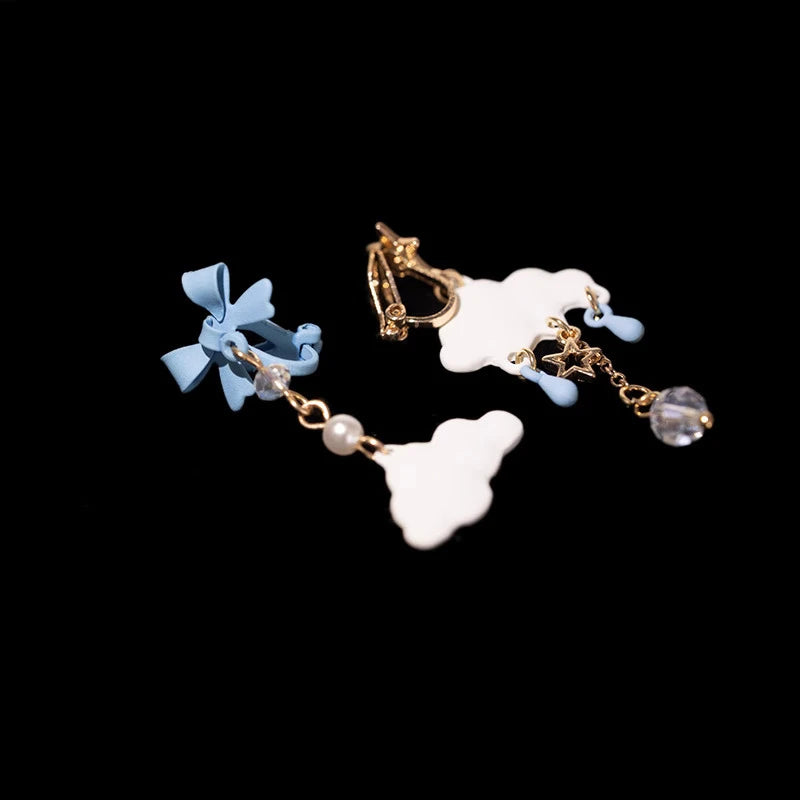 Suitable for Summer Small Fresh Cute White Clouds Ear Clips Earrings Women's Pearl Tassel Clip on Earrings Without Ear Piercings