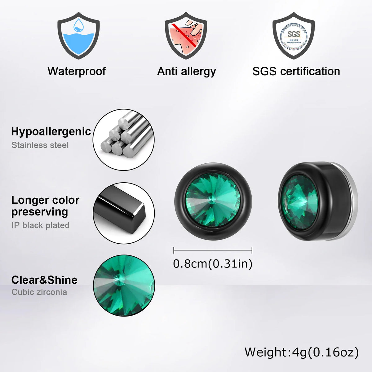 Magnetic Zircon Stud Earrings for Men,8mm Hypoallergenic Stainless Steel Non-Pierced Clip Earrings,Punk Rock Jewelry Gift